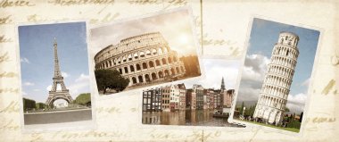 Vintage seyahat Avrupa yerlerinden retro fotoğraflarla arka plan. Eyfel Kulesi Paris, Pisa Kulesi, Kolezyum, Roma, eski Amsterdam'da ev sahipliği yapmaktadır. Eski kağıt dokusu ile kartpostallar
