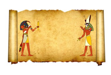 Mısır tanrıları görüntüleri Toth ve Horus ile eski parşömen. Şablonu alay. Metin için yer kopyalayın. Beyaz arka plan üzerinde izole. 3D render