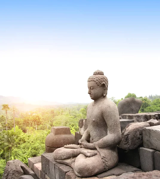 インドネシア ジャワ島 ボロブドゥール仏教寺院で瞑想仏の古代像 青い空を背景に — ストック写真