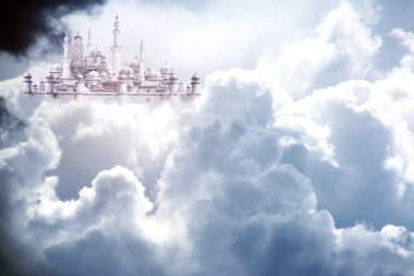 A fabulous lost city in beautiful sky with stormy cumulonimbus. White clouds and sunlight clipart