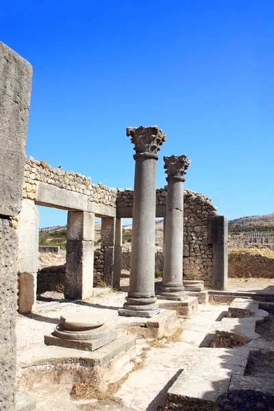 Colunas Rua Decumanus Maximus Volubilis Cidade Romana Perto Meknes Antiga — Fotografia de Stock