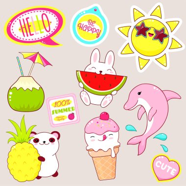Kawaii tarzı sevimli simgeler kümesi. Bunny ile karpuz, ananas, dondurma, şeker, güneş güneş gözlüğü ile panda, sopa Yazıtı ile mutlu, Merhaba yaz. Eps8