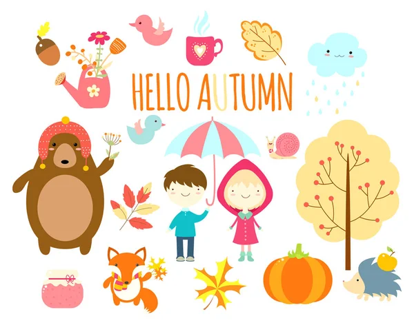 Hello Autumn Set Cute Forest Animals Children Hand Drawn Style — Stock Vector