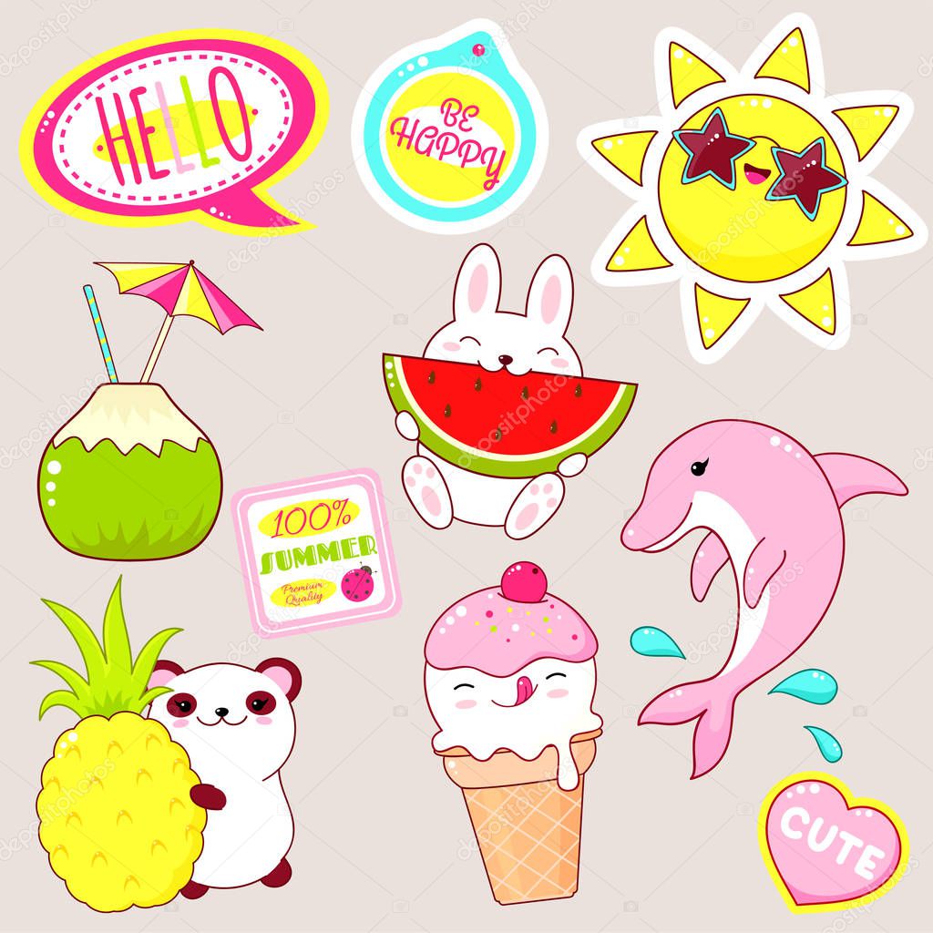 Set of cute icons in kawaii style. Bunny with watermelon, panda with pineapple, ice cream, candy, sun in sunglasses, sticker with inscription be happy, hello summer. EPS8