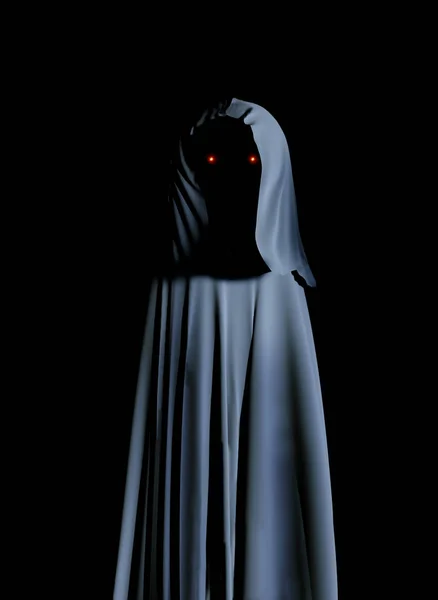 Spooky Monster Hooded Cloak Glowing Eyes Black Background Rende — Stock Photo, Image