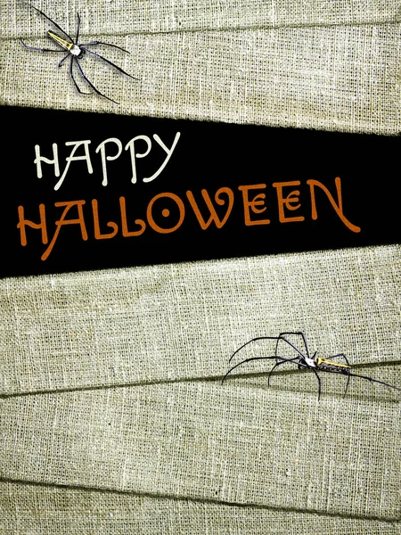 Fondo Halloween Con Viejo Vendaje Momias Arañas Inscripción Feliz Halloween — Foto de Stock