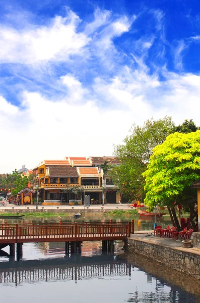 Casas Antiguas Puente Sobre Río Thu Bon Hoi Vietnam Indochina — Foto de Stock