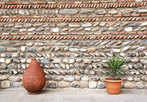 Jarra Arcilla Maceta Con Palillos Verdes Pared Antigua Georgia — Foto de Stock