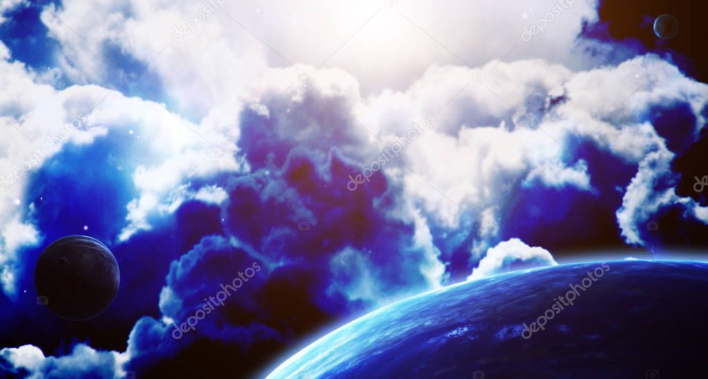 A beautiful space scene with sun, planets and nebula. Elements of this image furnished by NASA