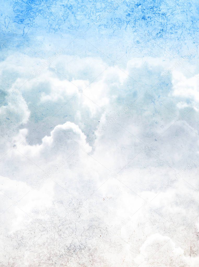 Grunge background with texture of old soiled paper and white clouds. Mock up template. Copy space for text