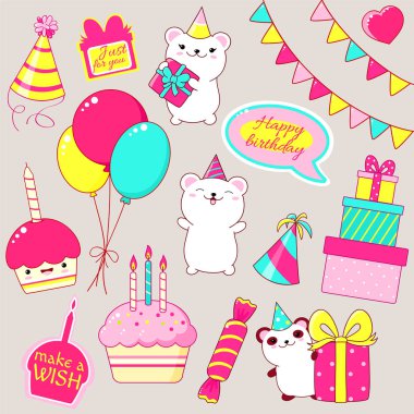 Şirin Doğum günü partisi simgeler kawaii tarzı ayarlayın. Kutup ayısı ve panda hediye, mumlar, bayraklar, hediyeler, şeker, balonlar, senin için yazıt ile etiket yığını ile pasta ile bir dilek tut. Eps8
