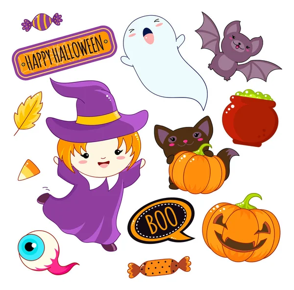 Zestaw Ładny Halloween Znaków Ozdoby Dziewczyna Kostium Czarownicy Ghost Czarny — Wektor stockowy