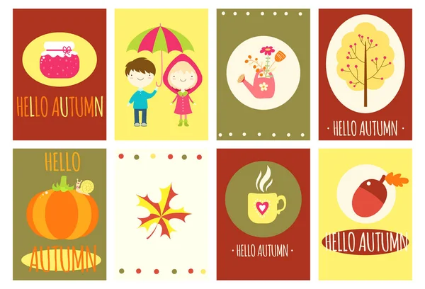 Hello Autumn Set Banner Flyer Placard Sticker Naive Hand Drawn — Stock Vector