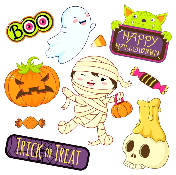 Conjunto Personagens Halloween Bonitos Ornamentos Menino Traje Múmia Fantasma Doces —  Vetores de Stock