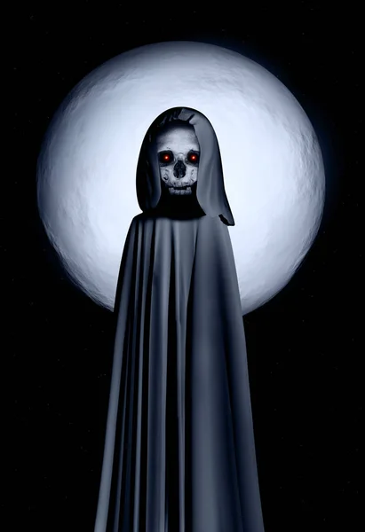 Spooky Död Hooded Cloak Med Lysande Ögon Natt Himmel Bakgrund — Stockfoto