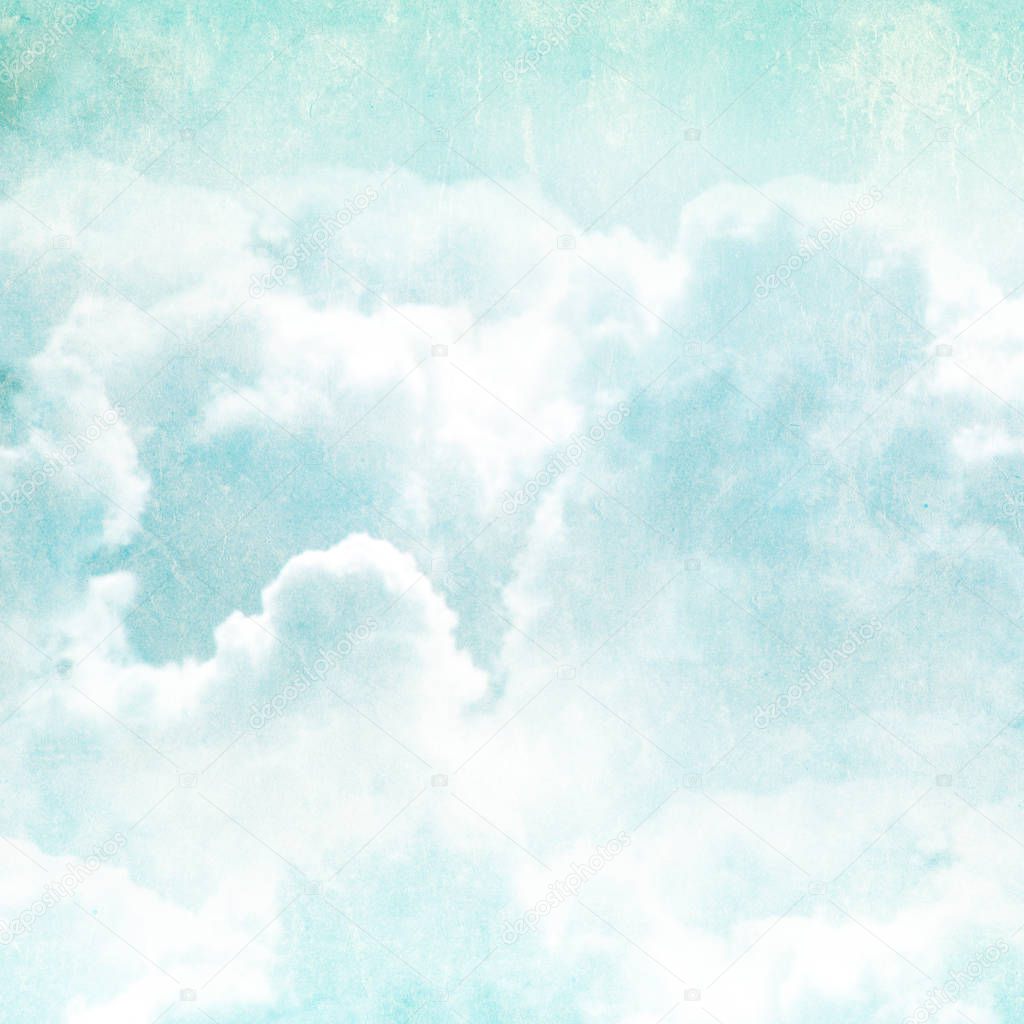 Grunge background with texture of old soiled paper and white clouds