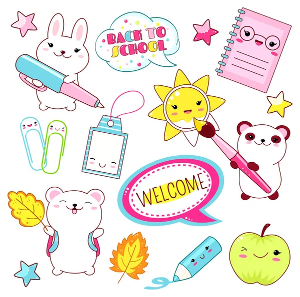 Torniamo Scuola Serie Icone Dell Educazione Vettoriale Stile Kawaii Orso — Vettoriale Stock