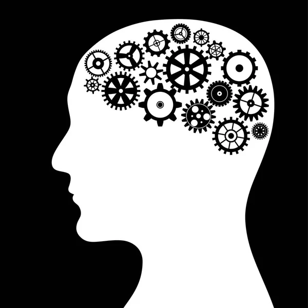 Imagem Conceitual Processo Pensamento Cabeça Homem Com Engrenagens Forma Cérebro —  Vetores de Stock