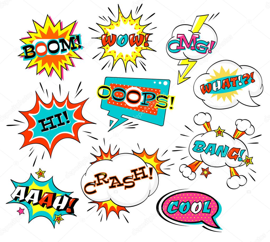 Set of comic speech bubble with inscription: boom, wow, what, bang, omg, aah, boom, crash, hi, cool. Collection of vector cartoon explosions and clouds. EPS8