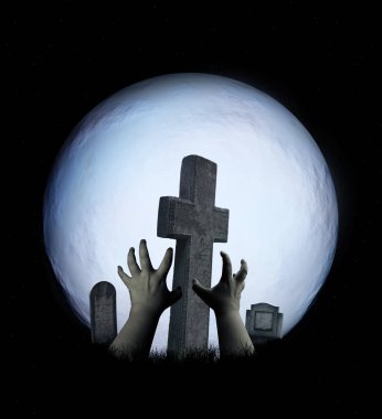 Cadılar Bayramı sahne bir mezar, dolunay ve taş haçları ve mezar taşları mezarlığa yükselen ürkütücü zombi eller ile. Gece gökyüzü arka plan üzerinde. Nasa tarafından döşenmiş bu görüntü öğesi