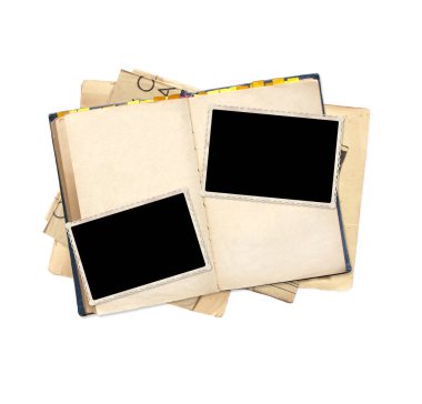 Scrapbooking için vintage öğeleri koleksiyonu. Boş sayfalar ve retro ile eski kitap beyaz bitti izole nesneleri fotoğraf. Şablonu alay. Metin için yer kopyalayın