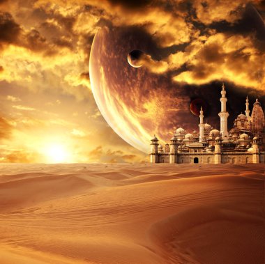 Muhteşem bir kayıp şehir çölde. Gezegenler ile güzel günbatımı gökyüzü arka plan üzerinde. Nasa tarafından döşenmiş bu görüntü öğesi