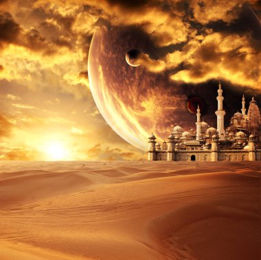 A fabulous lost city in the desert. On beautiful sunset sky background with planets. Element of this image furnished by NASA clipart