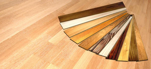 横向横幅与新的木板实木复合地板的不同颜色与质朴的纹理在木地板上 模拟模板 复制文本的空间 — 图库照片