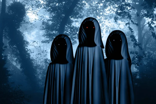 Three Spooky Monsters Hooded Cloaks Glowing Eyes Misty Forest Landscape — Stock Photo, Image