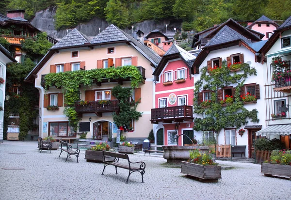 Casas Medievais Praça Cidade Hallstatt Cidade Velha Região Salzkammergut Áustria — Fotografia de Stock