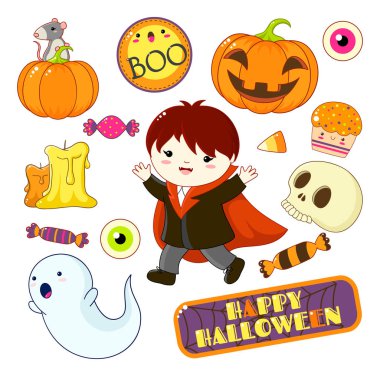 Şirin Halloween karakterler ve süs eşyaları - Vampir kostümü, hayalet, şeker, kafatası, kabak, mum, kek, çocukta ayarla yazıt ile etiket boo, mutlu Cadılar Bayramı. Eps8
