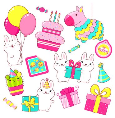 Şirin Doğum günü partisi simgeler kawaii tarzı ayarlayın. Hediye ve balon, mumlar, piñata, hediyeler, şeker, balonlar, senin için yazıt ile etiket yığını ile pasta ile tavşan bir dilek tut. Eps8
