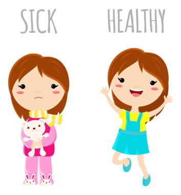 Pijama oyuncak ve neşeli sağlıklı atlama kız ile hasta üzgün küçük kız. Wordcard kelime hasta ve sağlıklı gösterimi için karşısında. Vektör karikatür karakter kümesi. Eps8