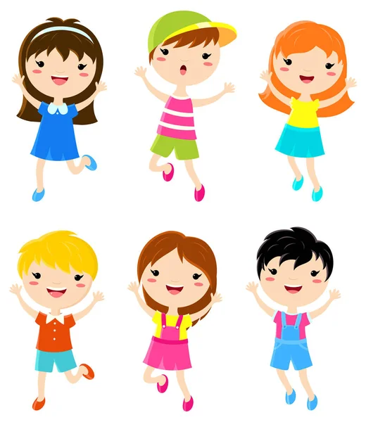Happy Kids Jumping Boys Girls Summer Clothes Vector Set Cartoon — Stock Vector