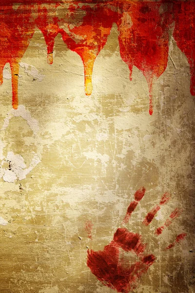 Halloween Achtergrond Druppel Bloed Afdrukken Van Menselijke Palm Gepleisterde Muur — Stockfoto