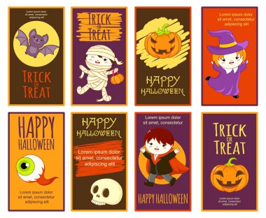 Vektör Cadılar Bayramı çizgi film karakterleri ile kümesi. Poster scrapbooking için. Vektör şablon kartı tebrik, dekorasyon, kutlama, davet için. Eps8