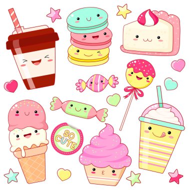 Güler yüz ve tatlı tasarımı için pembe yanakları ile kawaii tarzında tatlı tatlı simgelerin ayarlayın. Yazıt çok şirin ile etiket. Dondurma, şeker, kahve, soda, cupcake, macarons Kaptan. Eps8  