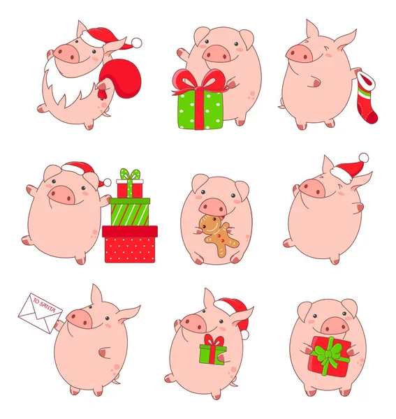 一套可爱的猪可爱风格 带着礼物 在圣诞老人的服装 吃姜饼干 用红帽 Eps8 — 图库矢量图片