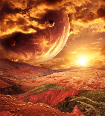 Gezegen, dağlar ve günbatımı, fantastik yatay. Nasa tarafından döşenmiş bu görüntü unsurları