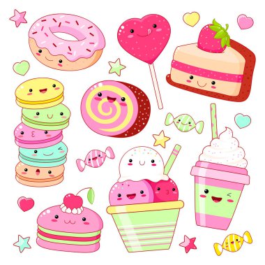 Güler yüz ve tatlı tasarımı için pembe yanakları ile kawaii tarzında tatlı tatlı simgelerin ayarlayın. Yazıt çok şirin ile etiket. Dondurma, şeker, çörek, soda, cupcake, macarons kap. Eps8  