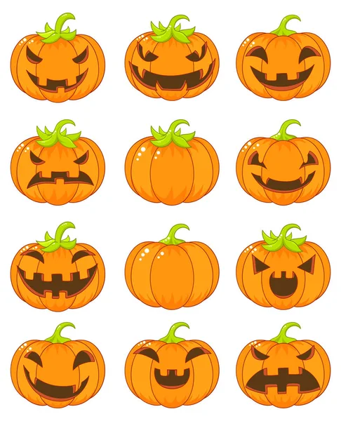 Conjunto Calabazas Terribles Sonrientes Para Halloween Estilo Dibujos Animados Colección — Vector de stock