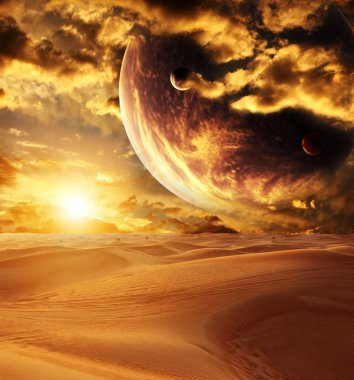 Çölde gün batımı. Kum tepeleri, bulutlu gökyüzü, gezegenlerin ve güneş güzel fantezi manzara. Nasa tarafından döşenmiş bu görüntü unsurları
