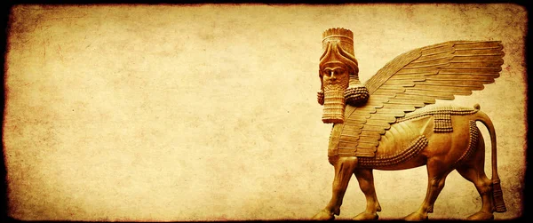 Sfondo Grunge Con Texture Carta Lamassu Statua Toro Alato Testa — Foto Stock