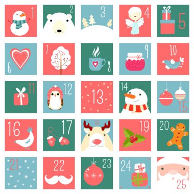 Noel varış takvim öğeleri saf el ile stil çizilmiş. Noel Baba, kutup ayısı, hediyeler, kardan adam, kar tanesi, geyik, eldivenler, melek, baykuş, kuş da kış tatil Noel simgelerin ayarlayın. Eps8