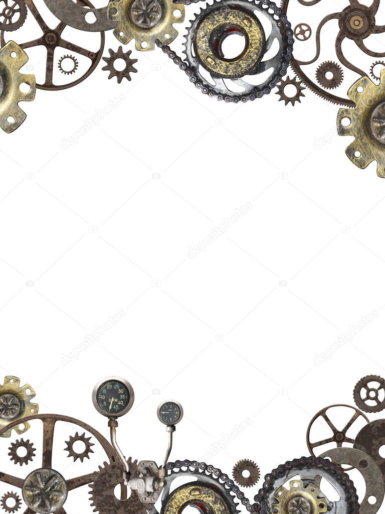 Metallic round frame with vintage machine gears and cogwheel. Isolated on white background. Mock up template. Can be used for steampunk and mechanical design