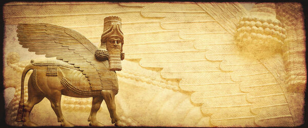 Grunge background with paper texture and lamassu - human-headed winged bull statue, Assyrian protective deity. Copy space for text. Mock up template