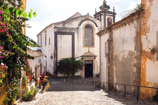 中世纪狭窄街道的大教堂和老房子 奥比多斯 葡萄牙 — 图库照片