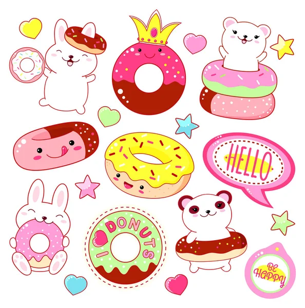 Set Cute Donut Icons Kawaii Style Smiling Face Pink Cheeks — Stock Vector