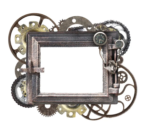金属圆框架与老式机器齿轮和齿轮 在白色背景下被隔离 模拟模板 可用于蒸汽朋克和机械设计 — 图库照片