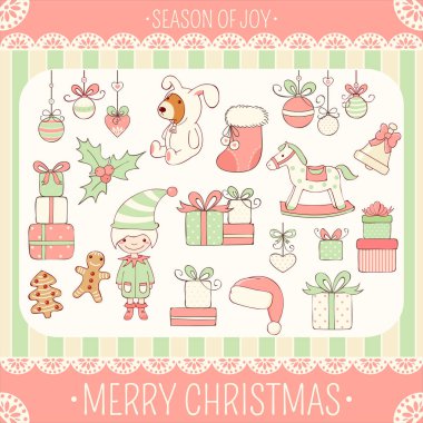 Retro tarzı sevimli Noel simgeler kümesi. Tavşan kostüm, sallanan at, çan, hediyeler, Noel Baba'nın şapka, elf, topları yığını ayı şerit yay, zencefilli, çorap, holly Karpuzu. Eps8